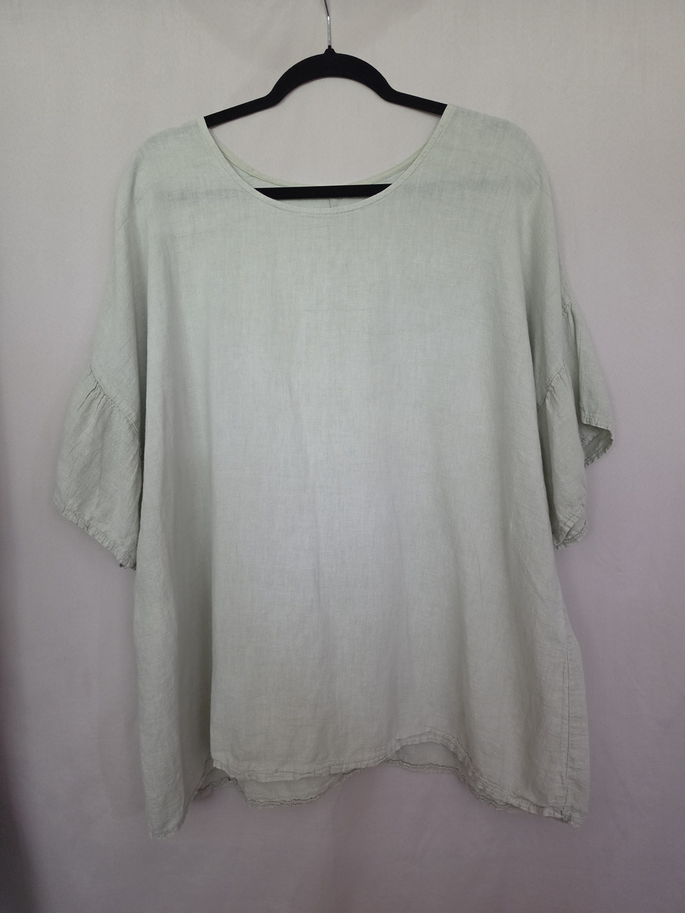 Elena Baldi Celadon Ruffle Sleeve Linen Top/Blouse